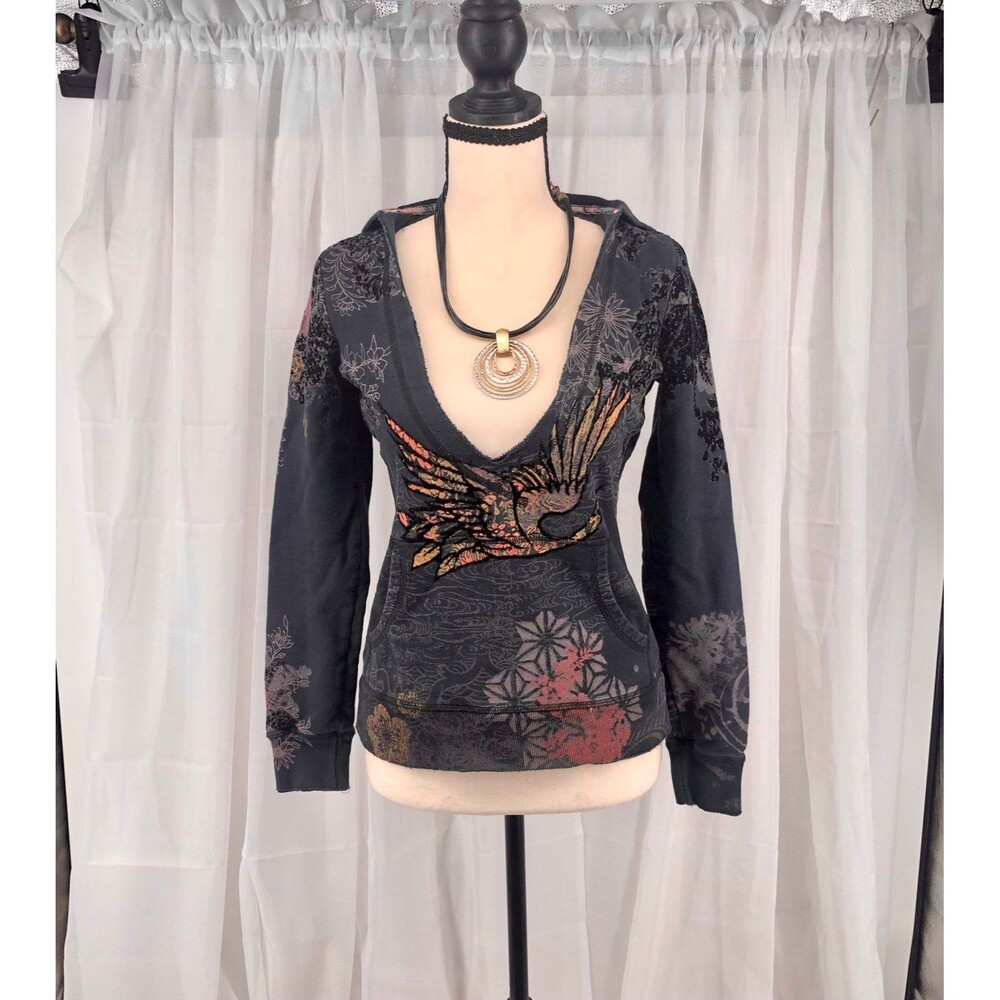 Vtg Lucky Brand Y2K Pullover Hoodie Asian Print Velvet Embroidered Distressed XS